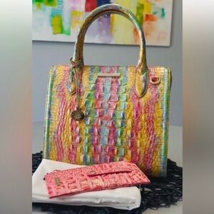 Brahmin Small Caroline Croc-Embossed Tote Bag with Pink Cardholder